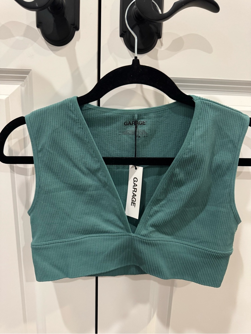 Garage Women's Teal Ribbed V-Neck Crop Tank